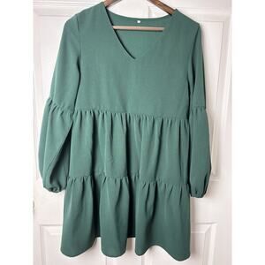 Cottage Core Oversized Hunter Green Three Tier Dress Size M0